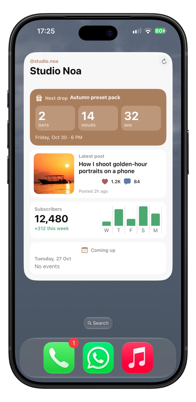 A creator dashboard with a launch countdown, latest post and subscriber count