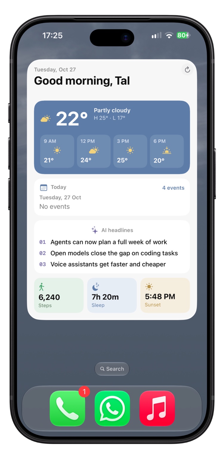 A morning briefing widget with weather, calendar, headlines and daily metrics