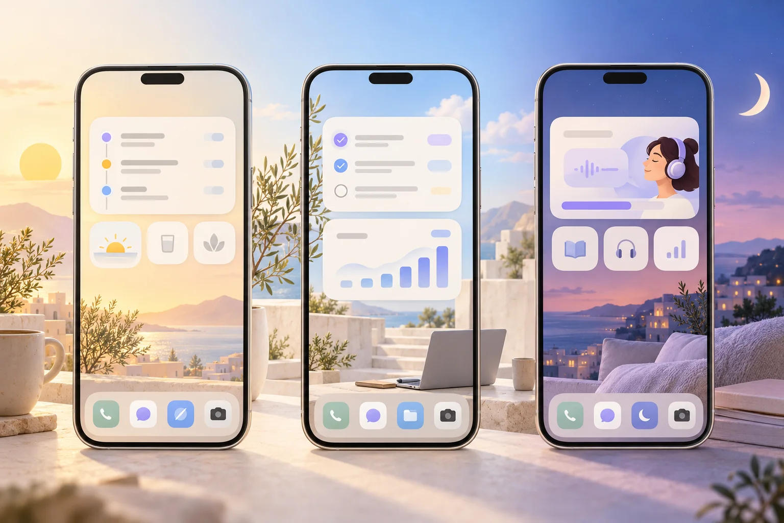 Three conceptual Home Screens with morning, daytime, and evening widget layouts